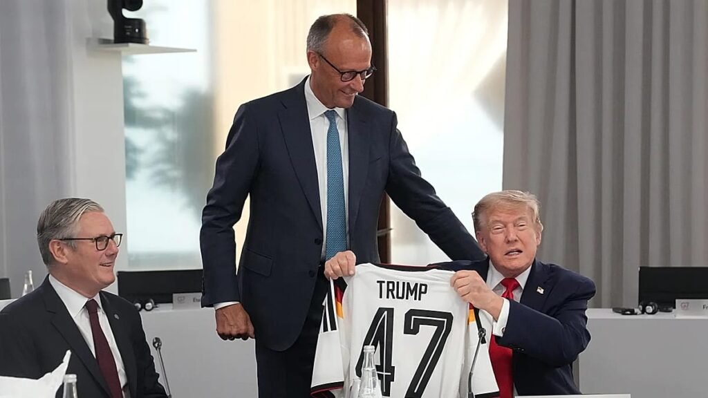 Video. Watch: German chancellor surprises Trump with ‘Trump 47’ football jersey at G7