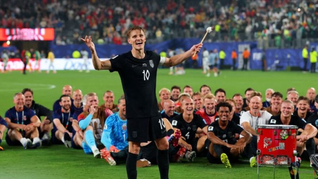 Ecstatic Norway squad celebrate World Cup progress with Viking row