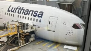 Lufthansa Boeing plane crashed onto its nose at German airport