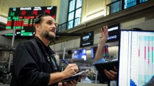 Shares dip on pressure from technology; yields and oil fall