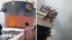 Dramatic moment a cargo ship crashes into another vessel