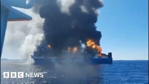 Smoke rises from burning Greek cargo ship near Mykonos